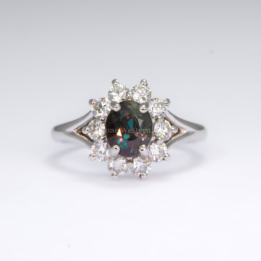 Platinum Ring with 1.98ct Oval Alexandrite & Diamond Halo - VVS Clarity