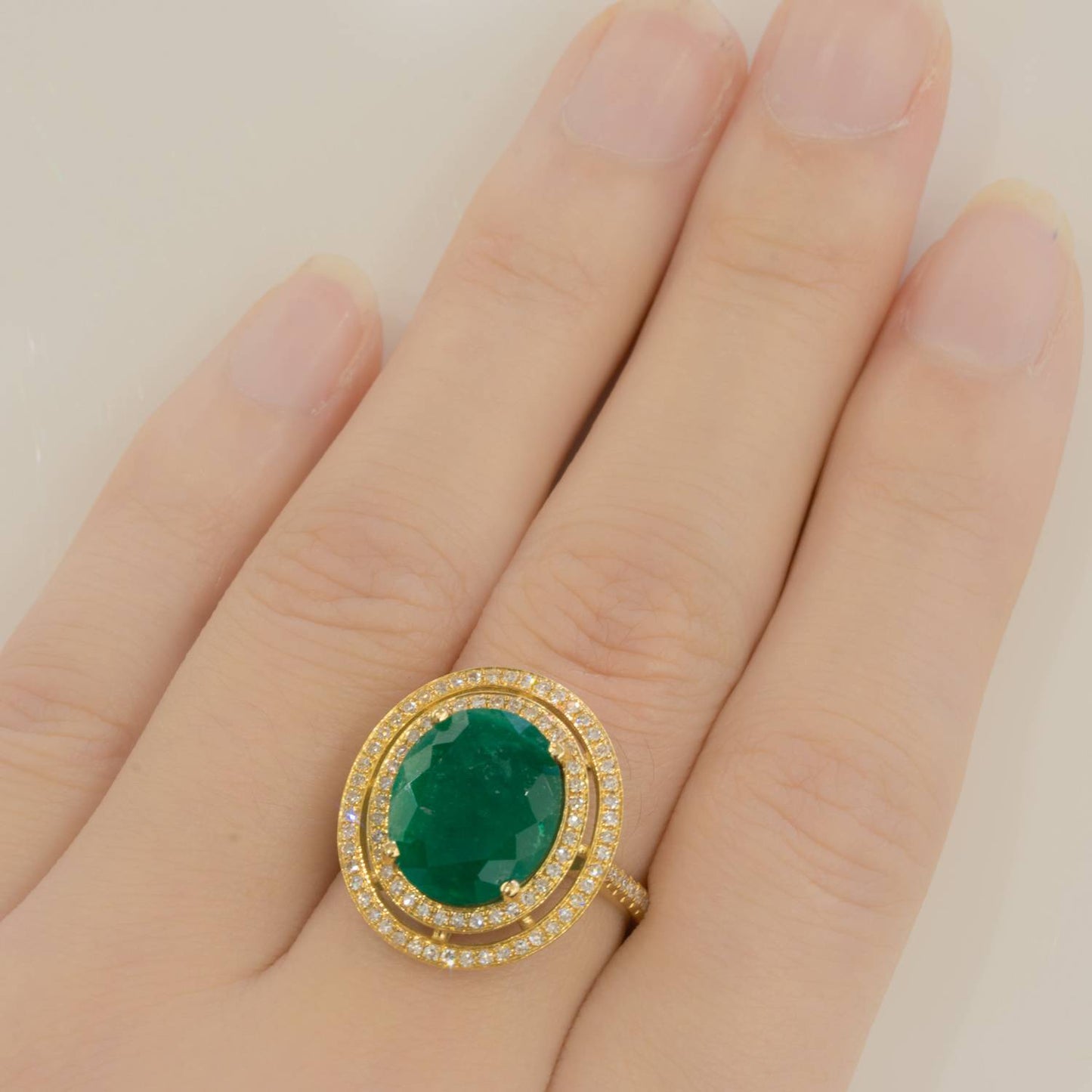 Colombian Emerald Diamond Ring 4.54ct – Double Halo in 18K White Gold