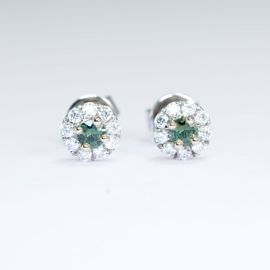 Natural Teal Sapphire Stud Earrings in 9K White Gold with Moissanite Halo