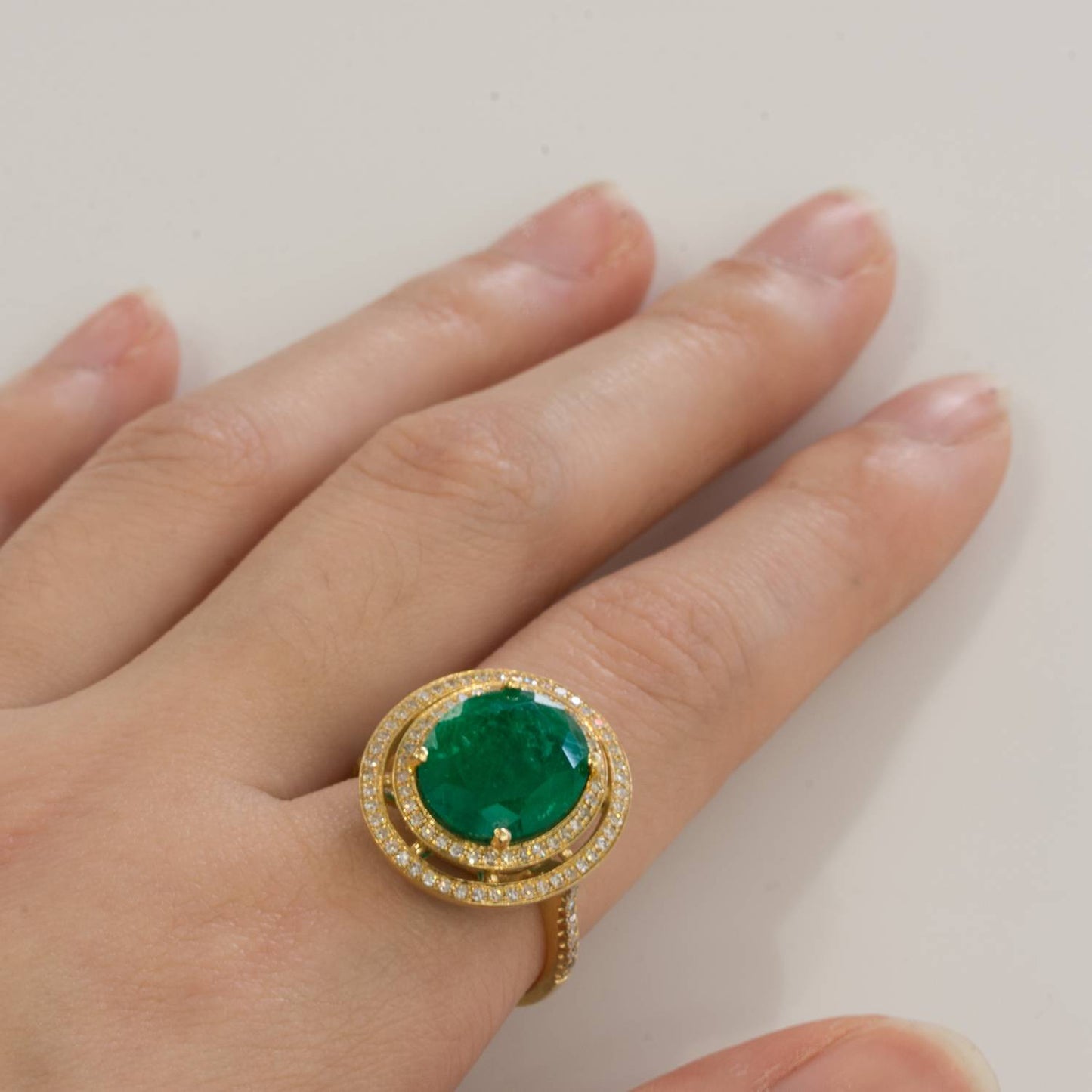 Colombian Emerald Diamond Ring 4.54ct – Double Halo in 18K White Gold