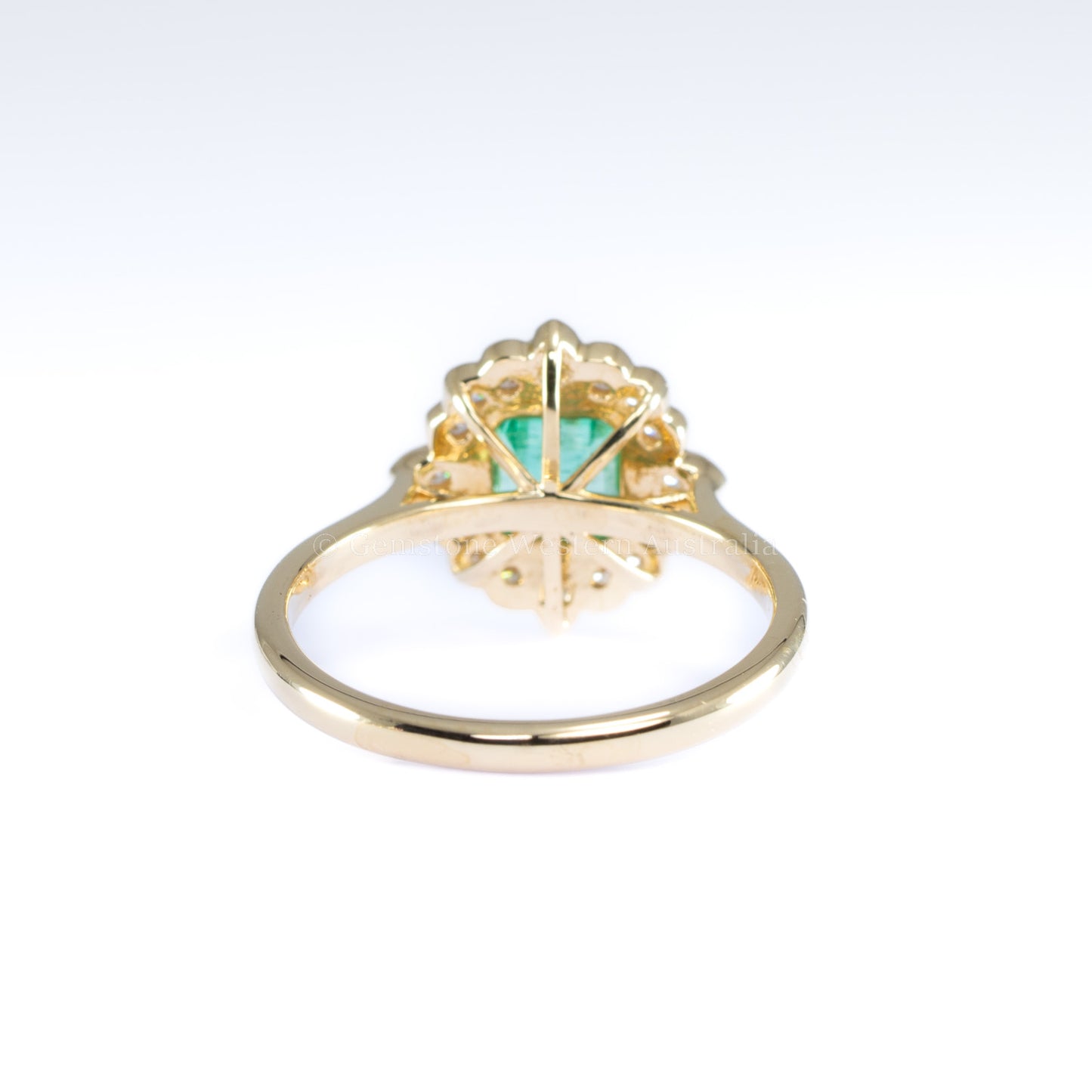 Art Deco Inspired Colombian Emerald Ring with Diamond Halo in 18K Yellow Gold