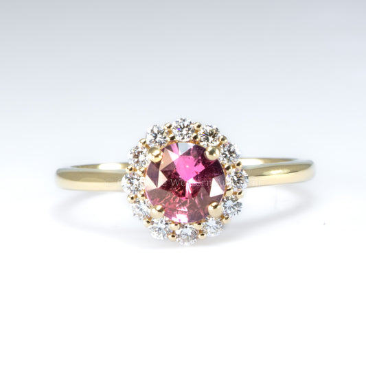 Unheated Round Pink Sapphire Halo Ring in 18K Yellow Gold