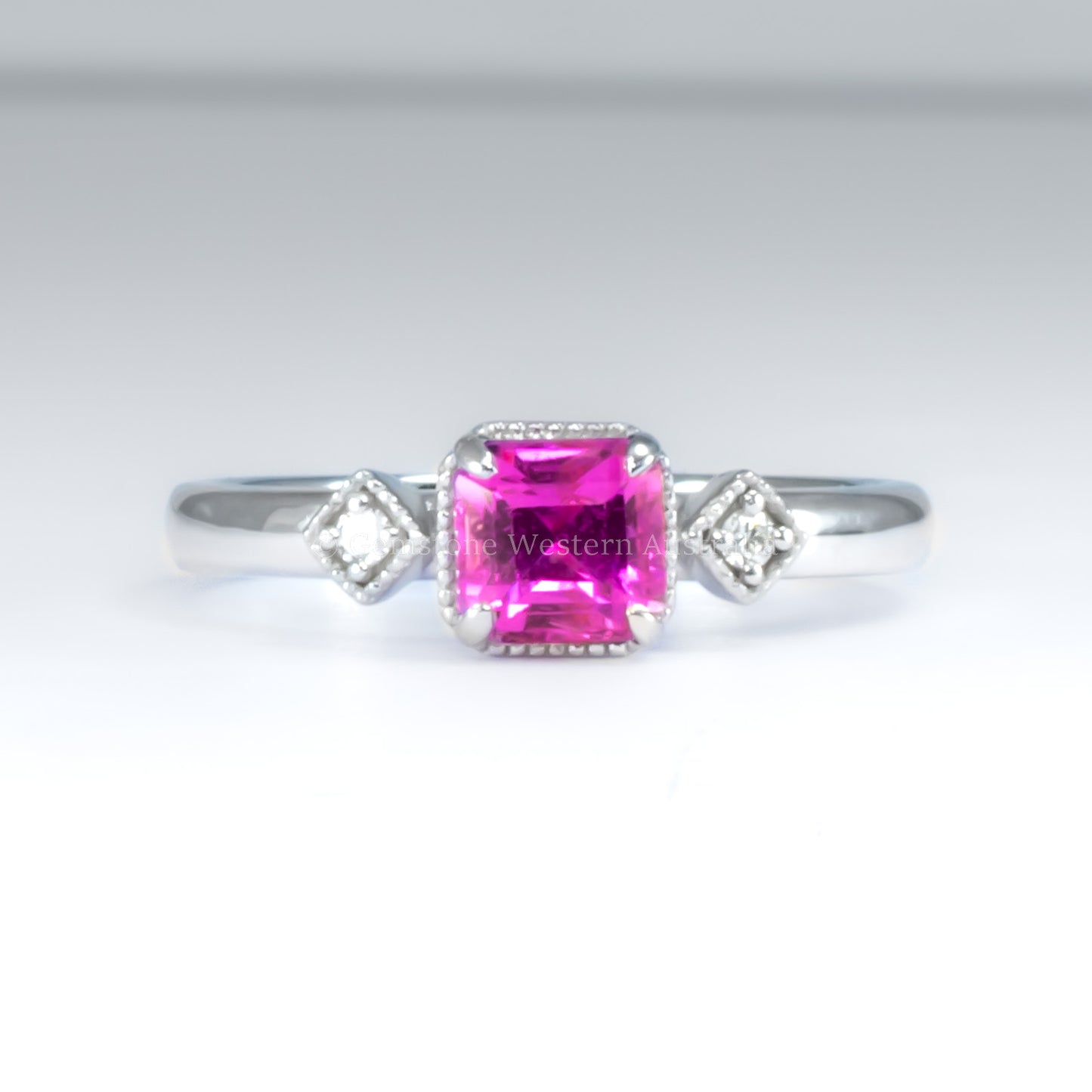 1.05ct Natural Unheated Emerald Cut Pink Sapphire Ring in Platinum 950 with Diamond Accents and Filigree Detail