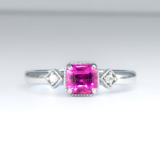 1.05ct Natural Unheated Emerald Cut Pink Sapphire Ring in Platinum 950 with Diamond Accents and Filigree Detail