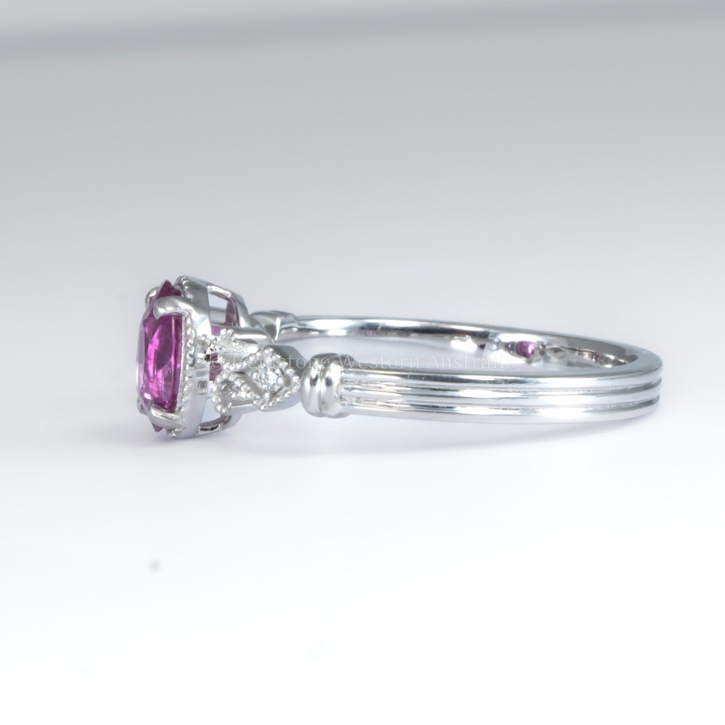 Oval Cut Pink Sapphire and Diamond Ring in Platinum 950 with Filigree Detail