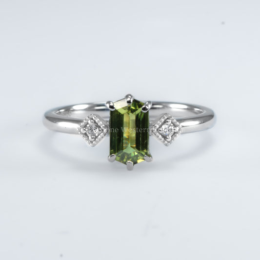 0.81ct Natural Party Green Sapphire Hexagonal Ring in Platinum with Diamonds