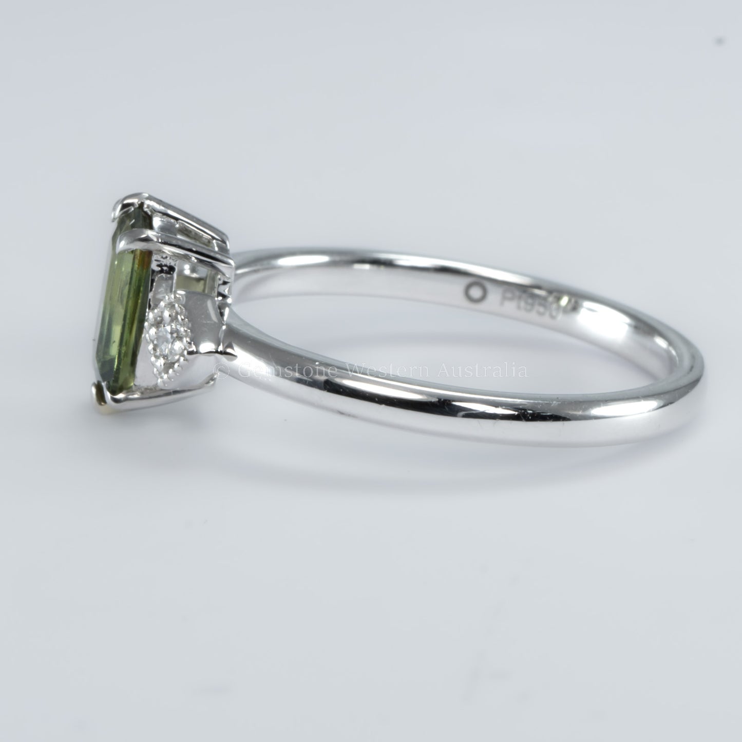 0.81ct Natural Party Green Sapphire Hexagonal Ring in Platinum with Diamonds