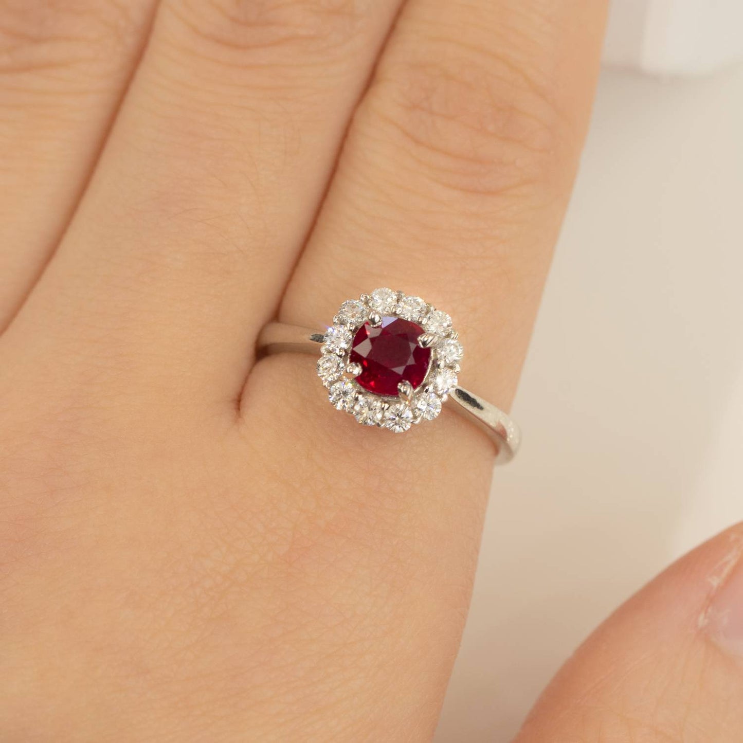 Ruby Diamond Halo Ring 18K White Gold Natural Certified Unheated