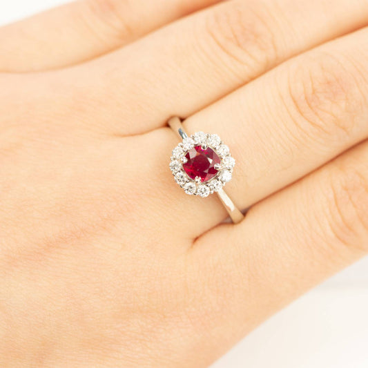 Ruby Diamond Halo Ring 18K White Gold Natural Certified Unheated