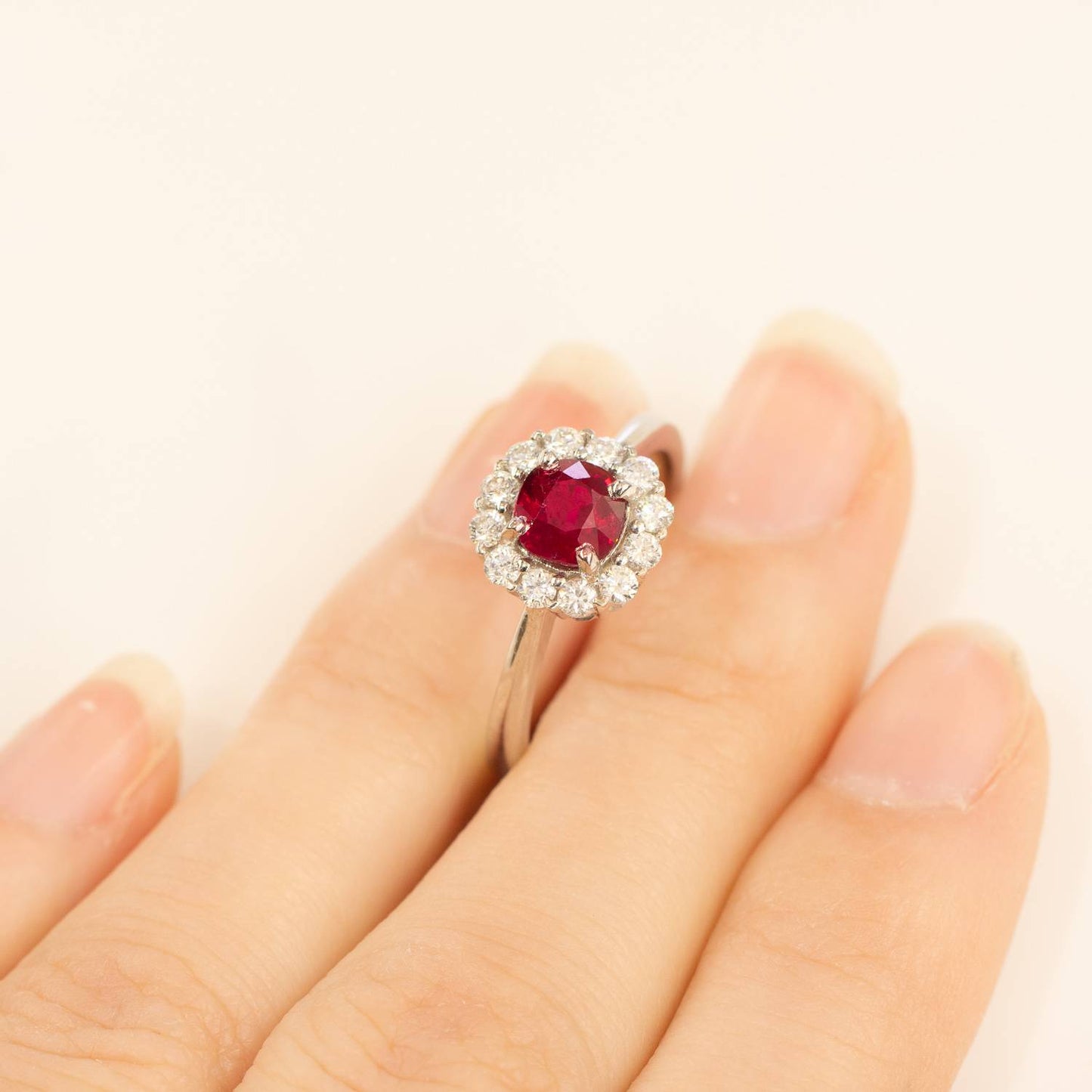 Ruby Diamond Halo Ring 18K White Gold Natural Certified Unheated