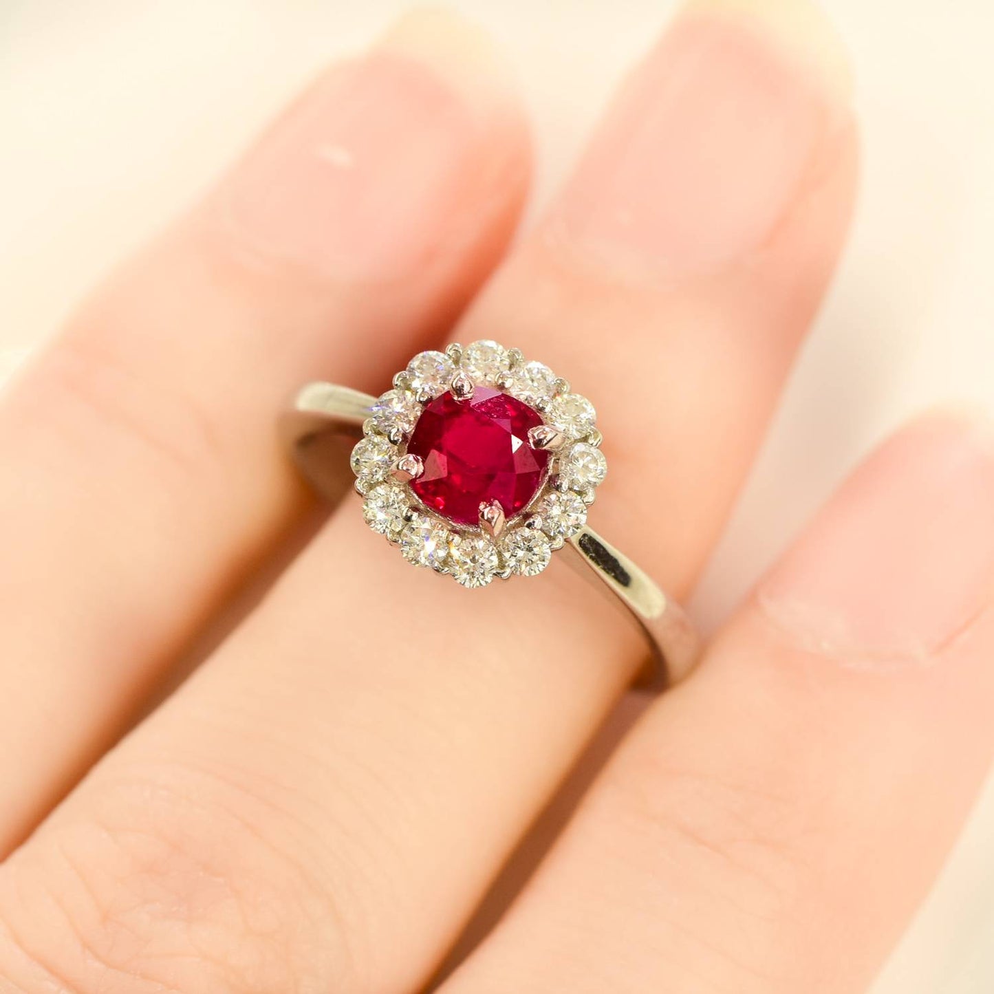 Ruby Diamond Halo Ring 18K White Gold Natural Certified Unheated