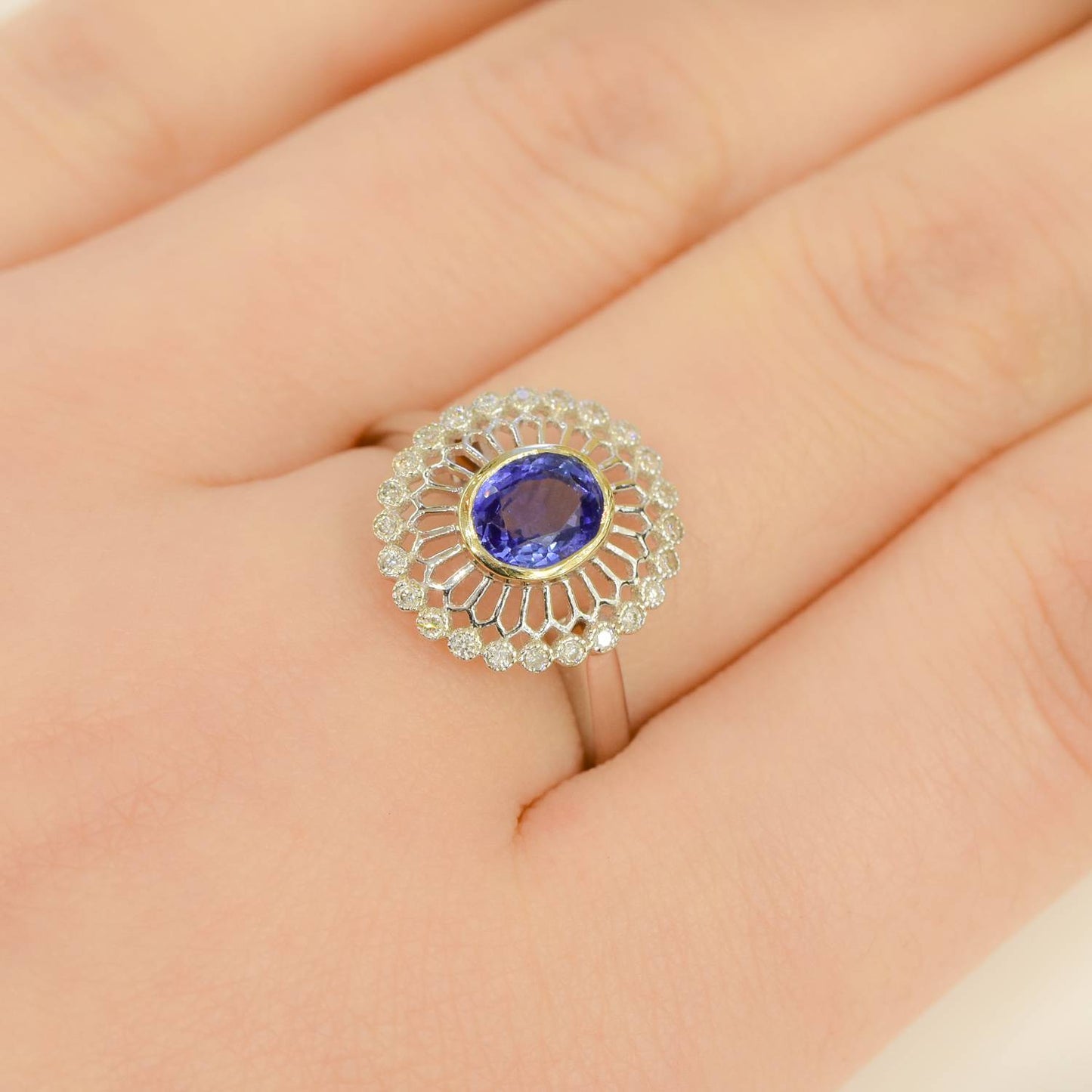 Sapphire and Diamond Halo Ring 18K Gold