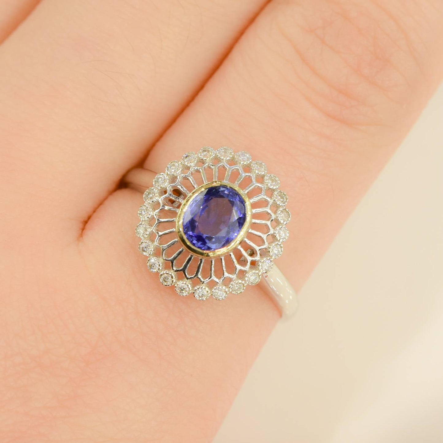 Sapphire and Diamond Halo Ring 18K Gold