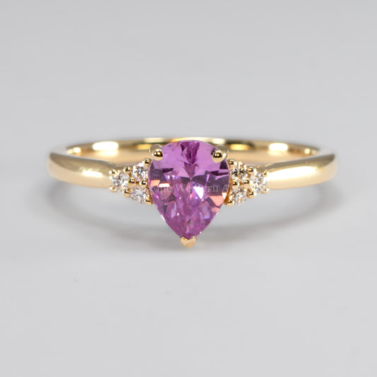 Unheated Pear Cut Pink Sapphire Ring with Diamond Cluster in 18K Yellow Gold
