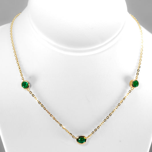 18K Yellow Gold Three-Emerald Bezel Set Pendant Necklace