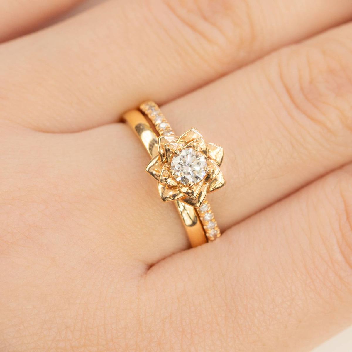 18K Rose Gold Diamond Engagement Ring and Wedding Band