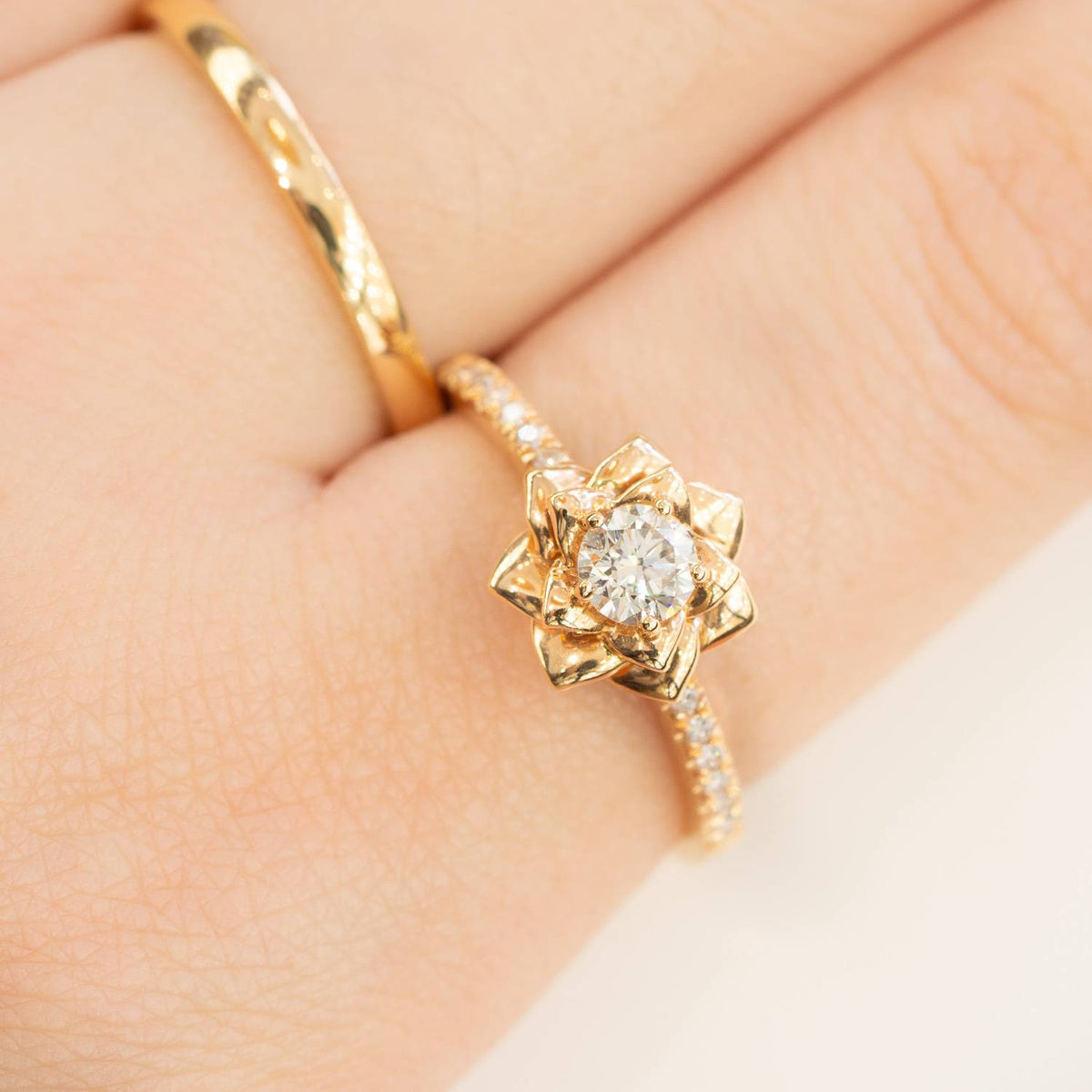 18K Rose Gold Diamond Engagement Ring and Wedding Band