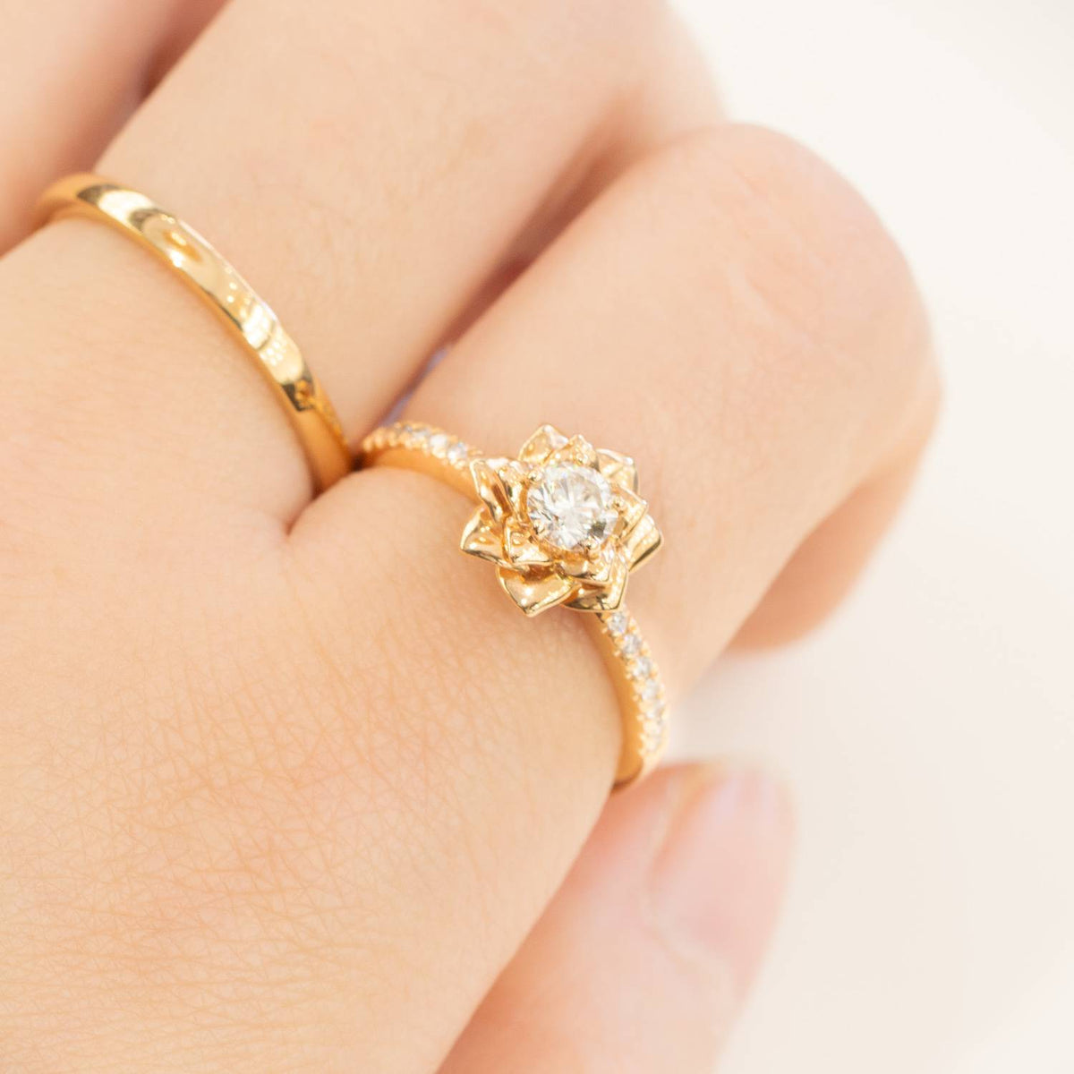18K Rose Gold Diamond Engagement Ring and Wedding Band