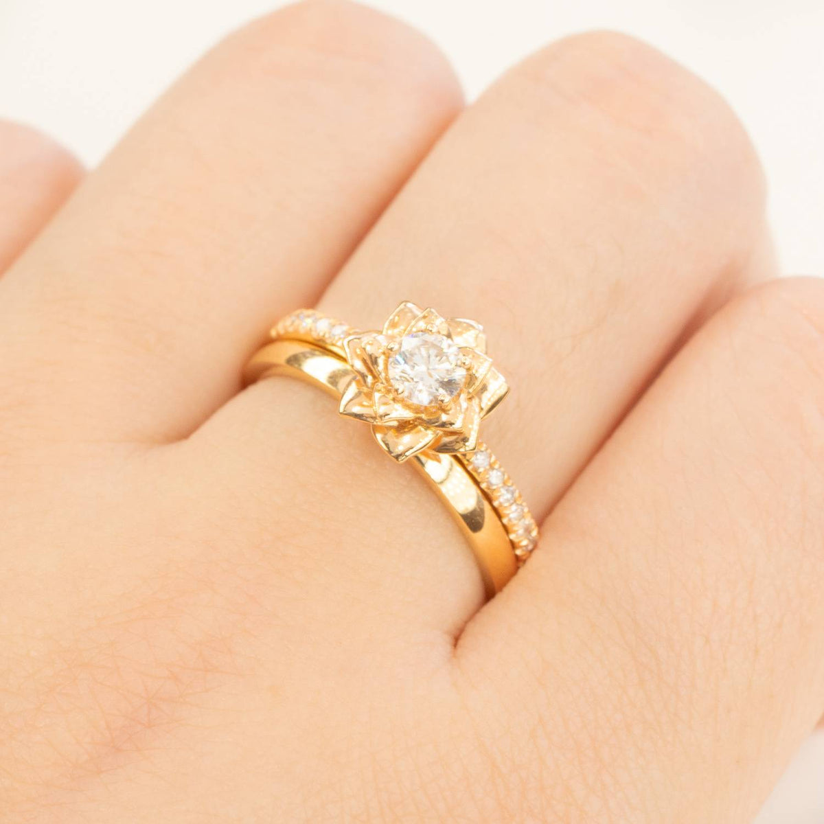 18K Rose Gold Diamond Engagement Ring and Wedding Band