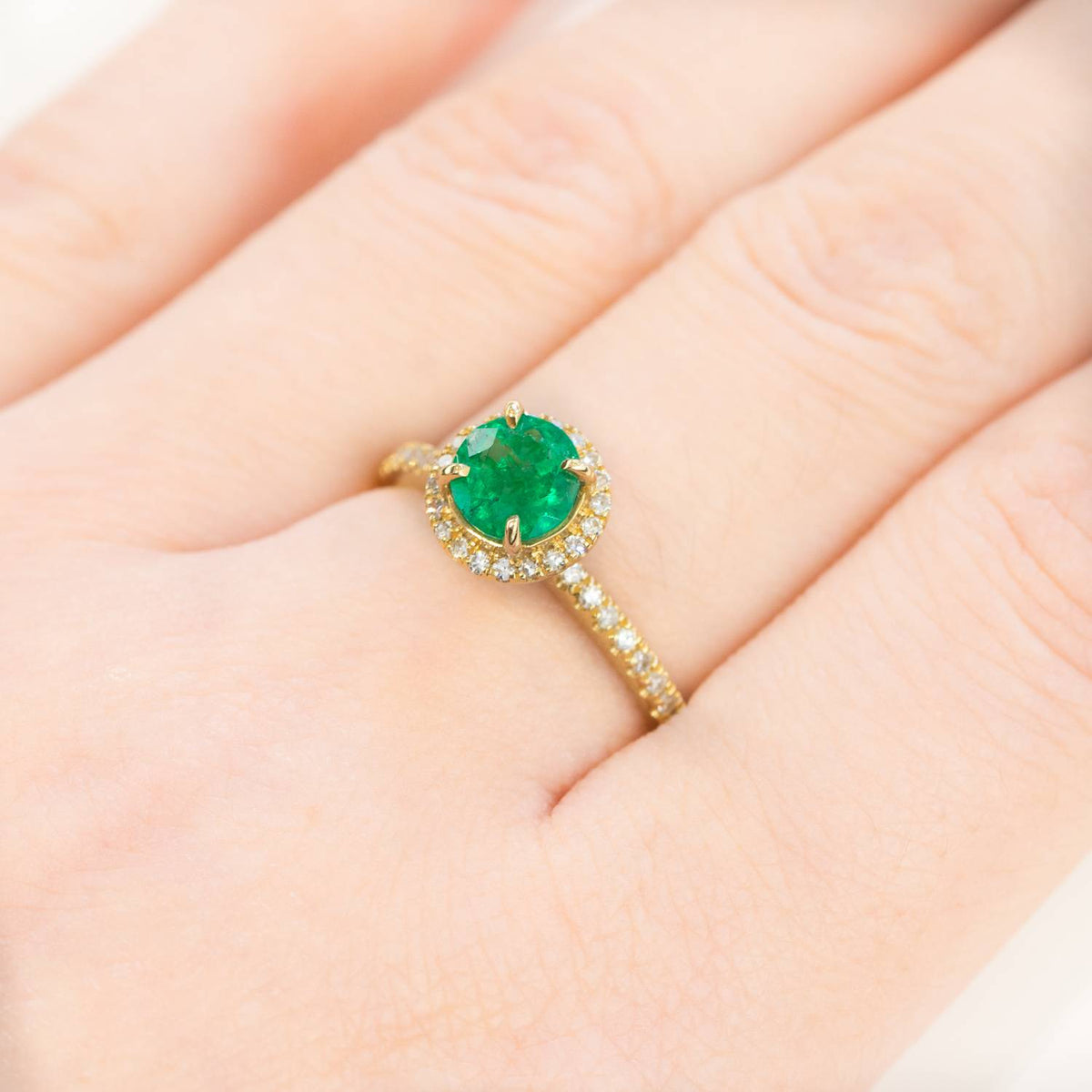 Colombian Emerald Diamond Halo Ring 18K Gold
