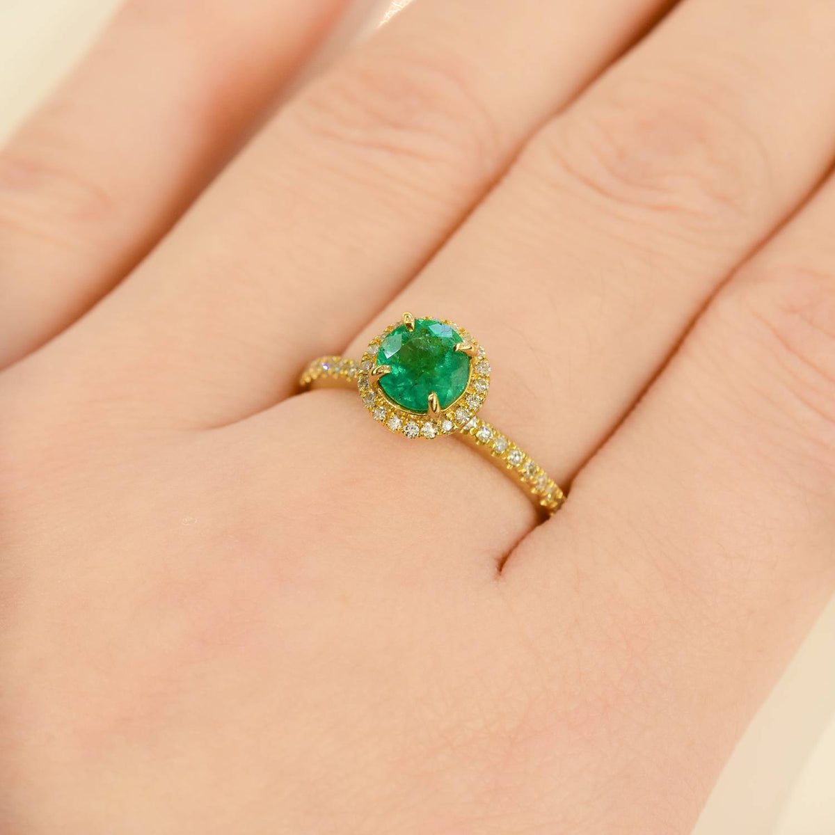 Colombian Emerald Diamond Halo Ring 18K Gold