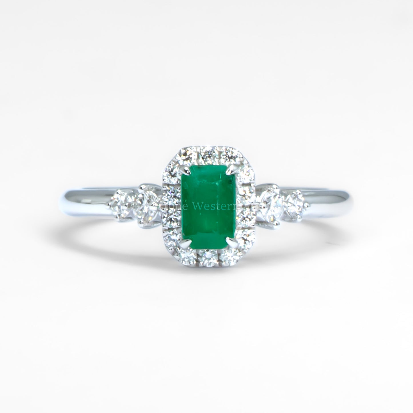 Colombian Emerald Halo Ring in Platinum with Compass-Set Diamonds