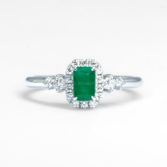 Colombian Emerald Halo Ring in Platinum with Compass-Set Diamonds