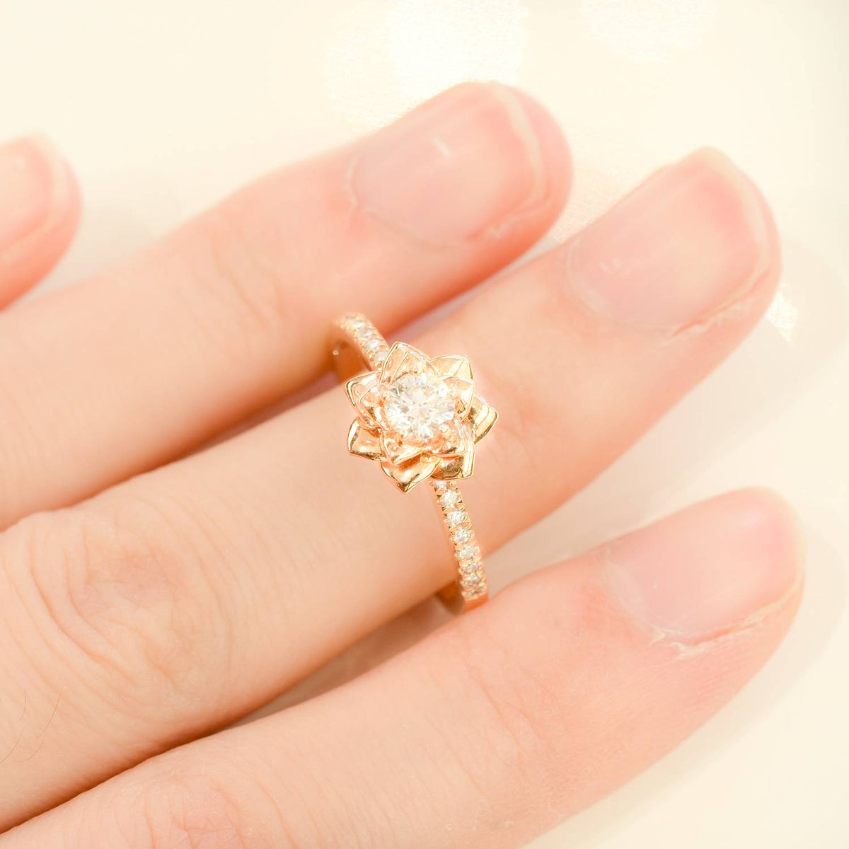 18K Rose Gold Diamond Engagement Ring and Wedding Band