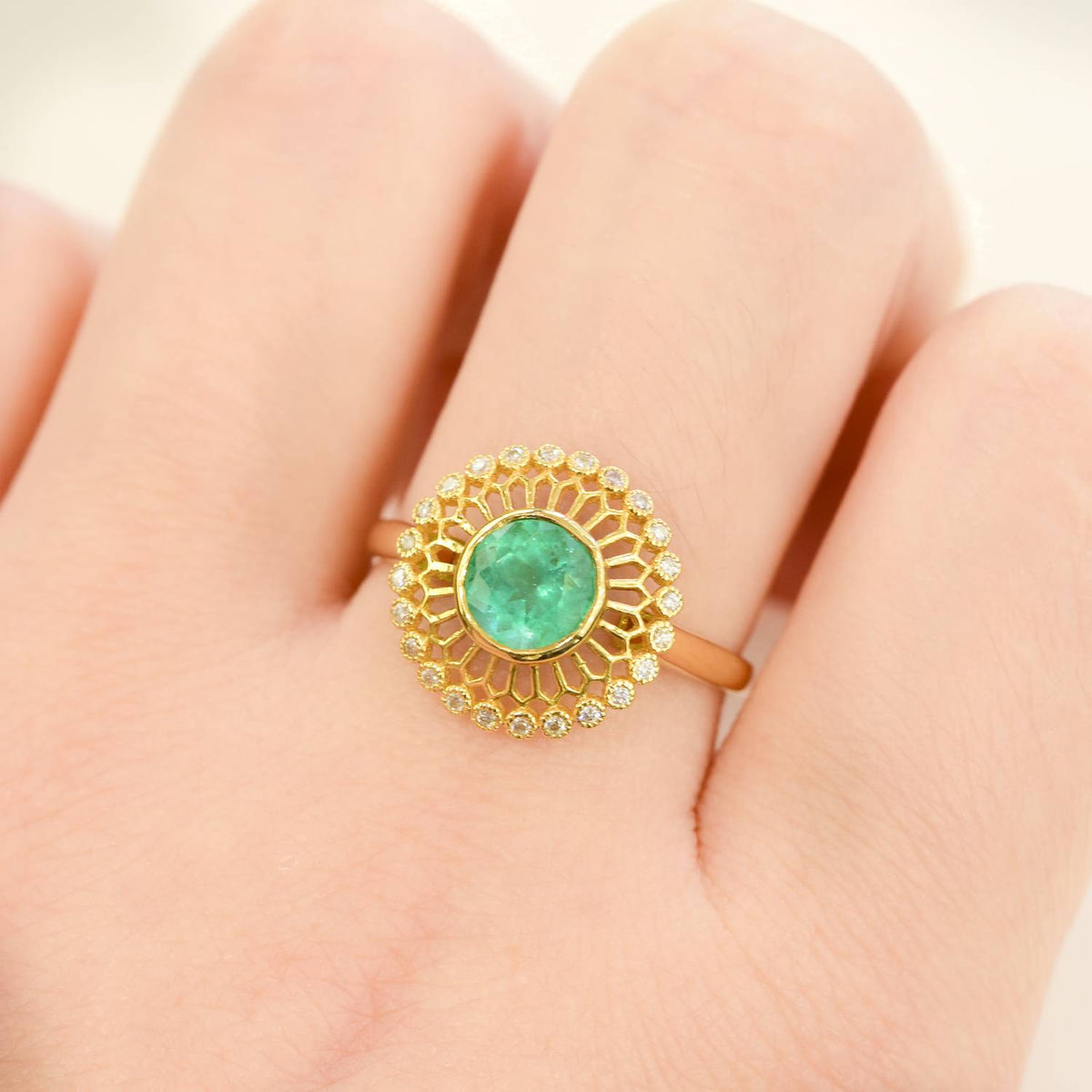 18K Gold Colombian Emerald Ring with Open Diamond Halo
