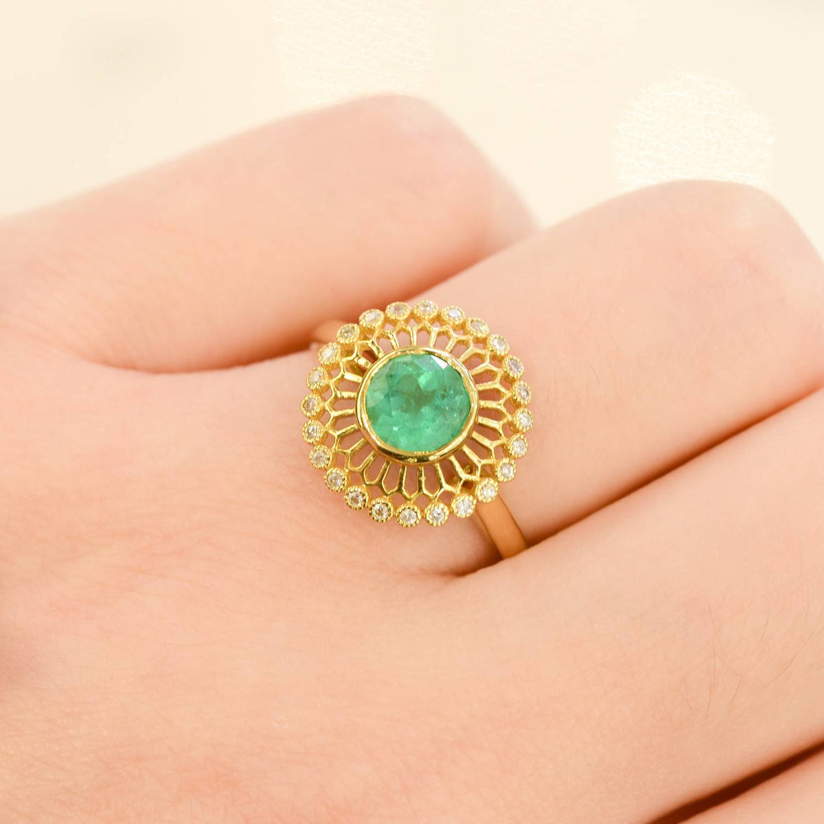 18K Gold Colombian Emerald Ring with Open Diamond Halo