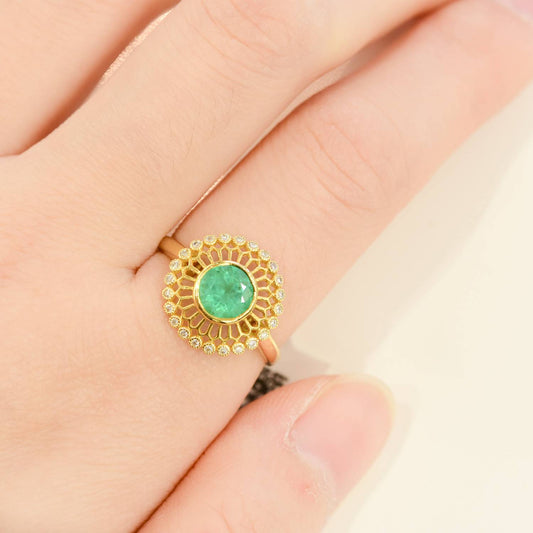 Natural Colombian Emerald Open Diamond Halo Ring 18K Gold