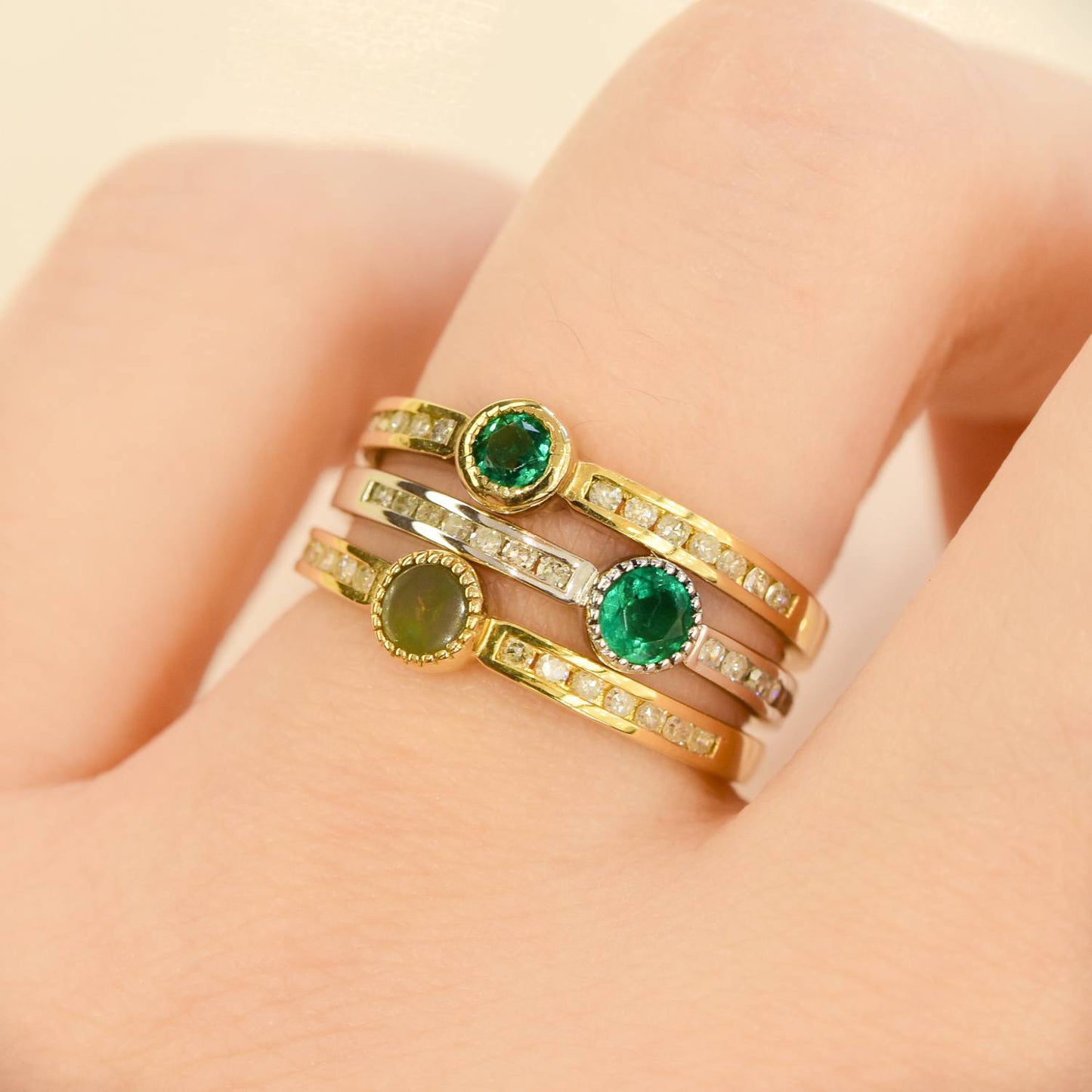 Minimalist Colombian Emerald Diamonds Stackable Ring  10K Gold