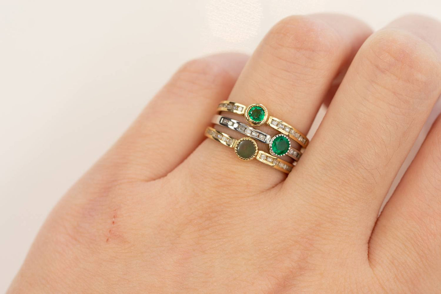 Minimalist Colombian Emerald Diamonds Stackable Ring  10K Gold