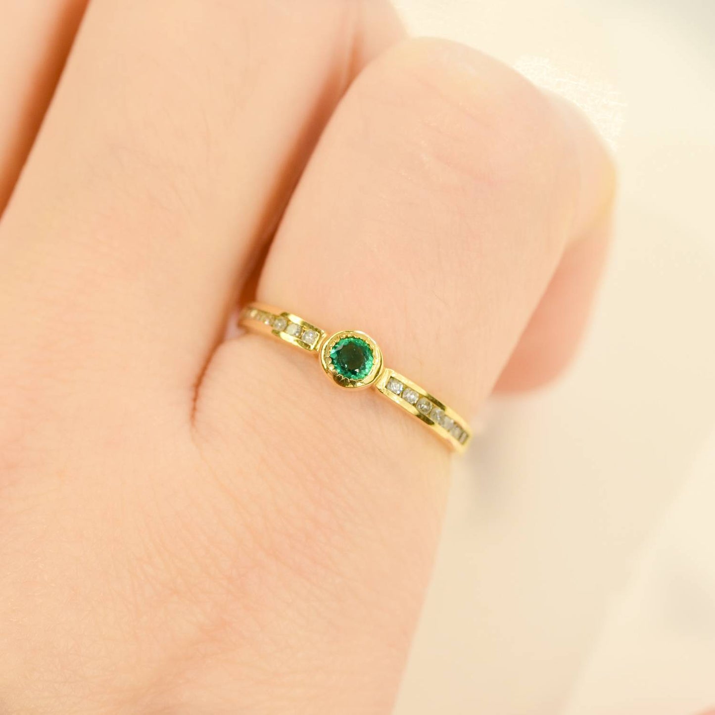 Minimalist Colombian Emerald Diamonds Stackable Ring  10K Gold