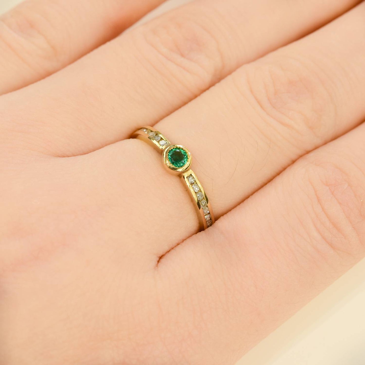 Minimalist Colombian Emerald Diamonds Stackable Ring  10K Gold