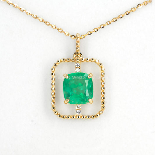 2.5ct Cushion Cut Colombian Emerald Pendant in 18K Yellow Gold
