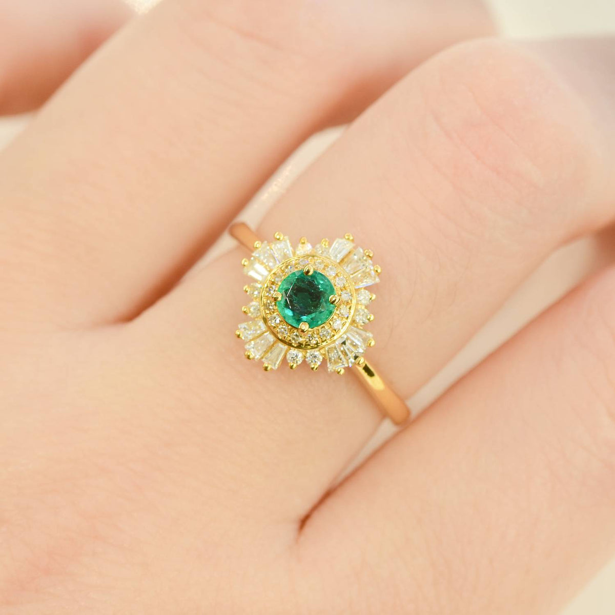 18K Yellow Gold Colombian Emerald Engagement Ring Petite Gatsby Style