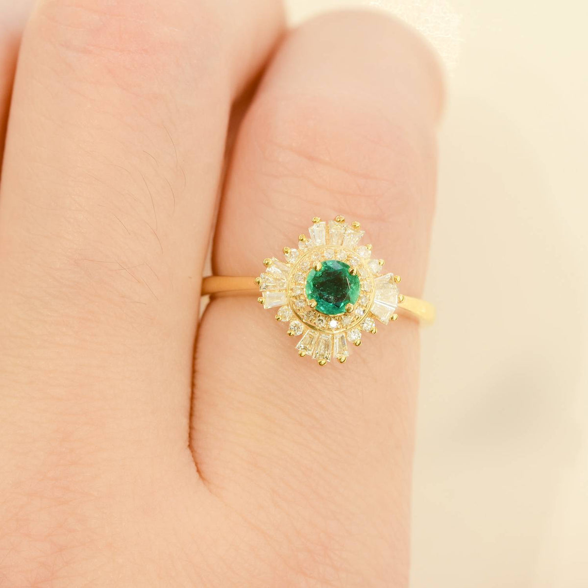 18K Yellow Gold Colombian Emerald Engagement Ring Petite Gatsby Style