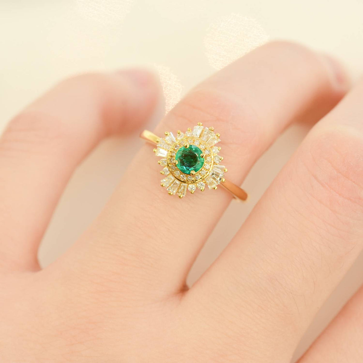 18K Yellow Gold Colombian Emerald Engagement Ring Petite Gatsby Style