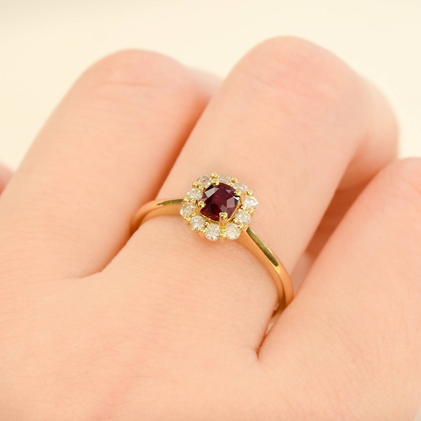 Cushion Cut Ruby & Diamond Halo Ring 18K Gold