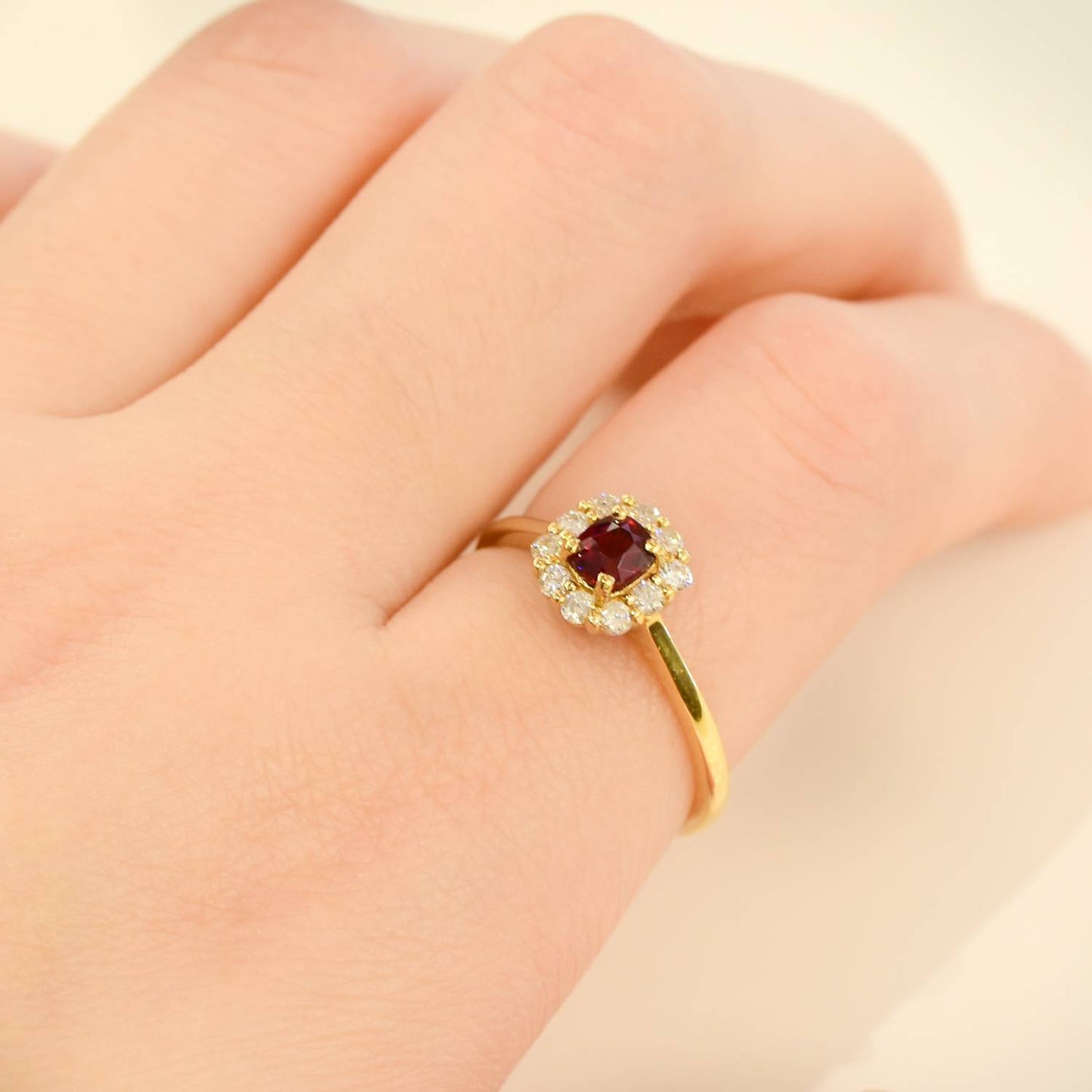Cushion Cut Ruby & Diamond Halo Ring 18K Gold