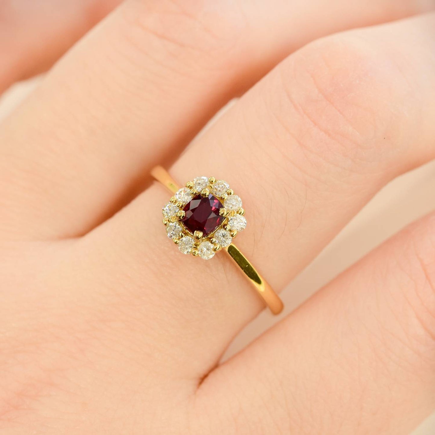 Cushion Cut Ruby & Diamond Halo Ring 18K Gold