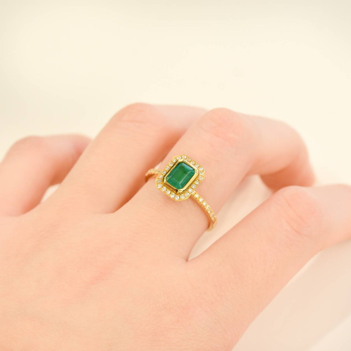 Natural Colombian Emerald and Diamond Halo Ring 18K Gold