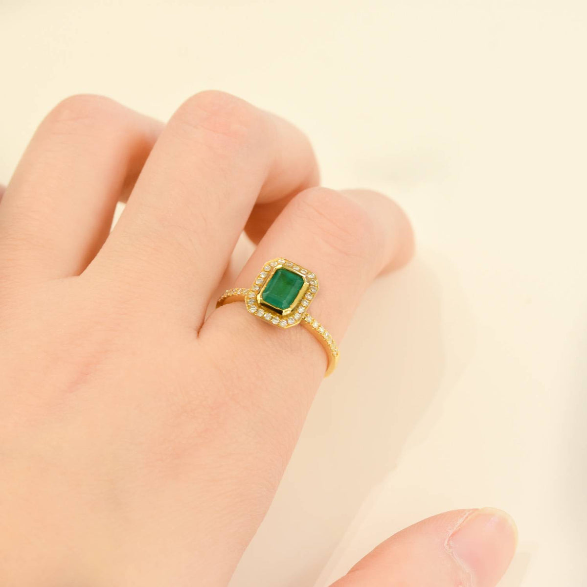Natural Colombian Emerald and Diamond Halo Ring 18K Gold