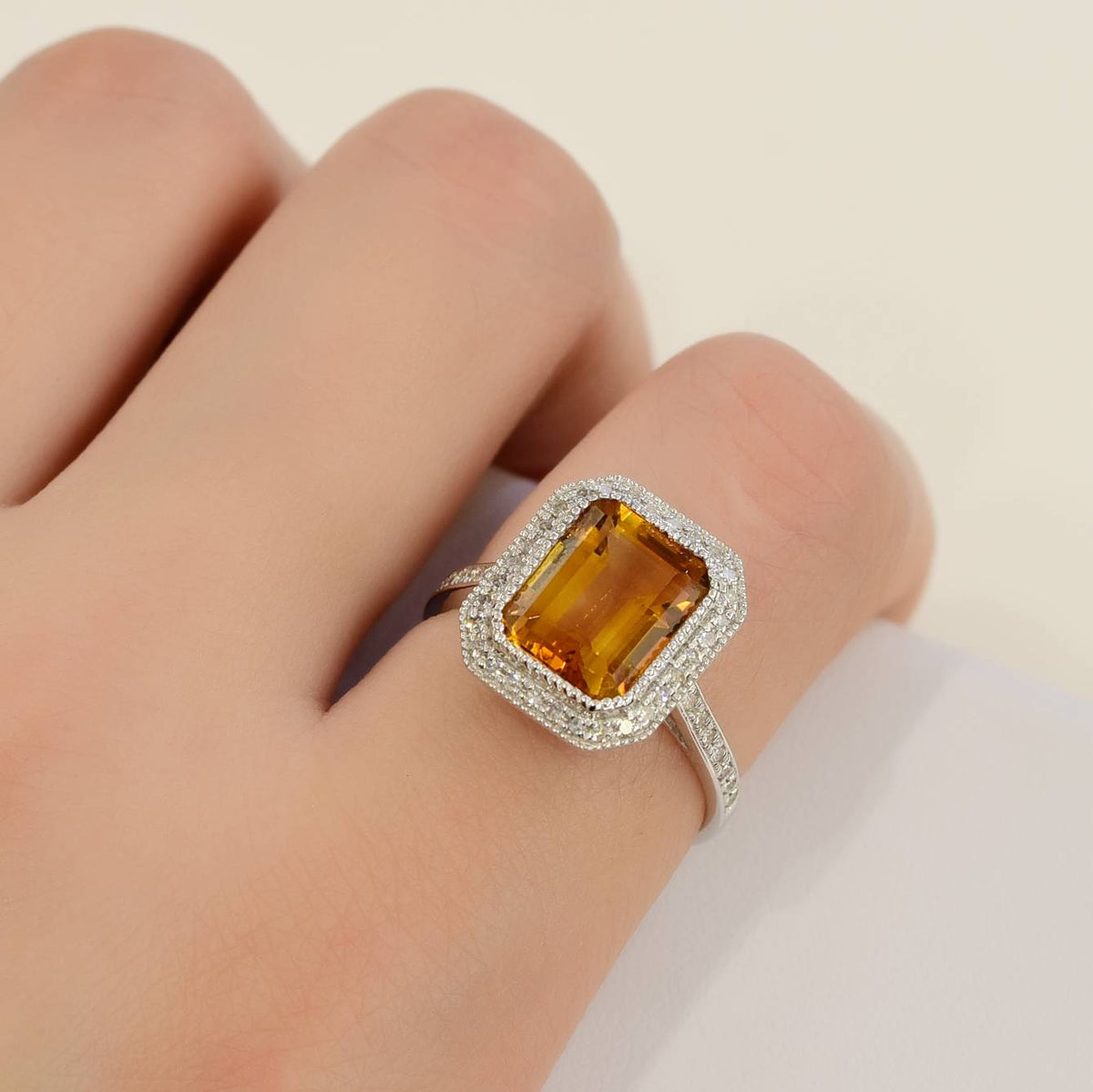 Citrine and Diamond Halo Ring 18K Gold