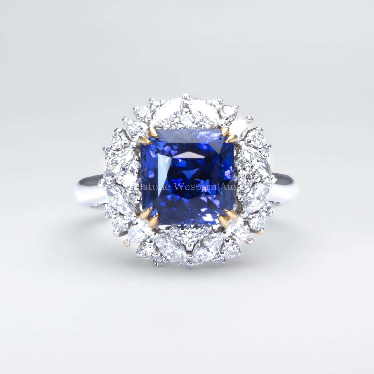 5.14ct Natural Blue Sapphire and Diamond Halo Dress Ring in Platinum and 18K Yellow Gold