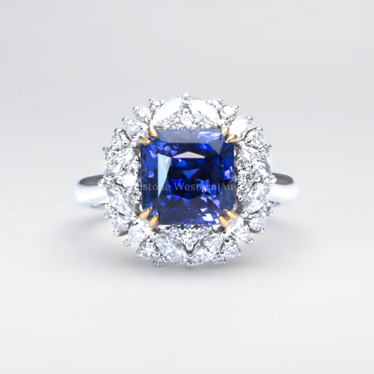 5.14ct Natural Blue Sapphire and Diamond Halo Dress Ring in Platinum and 18K Yellow Gold