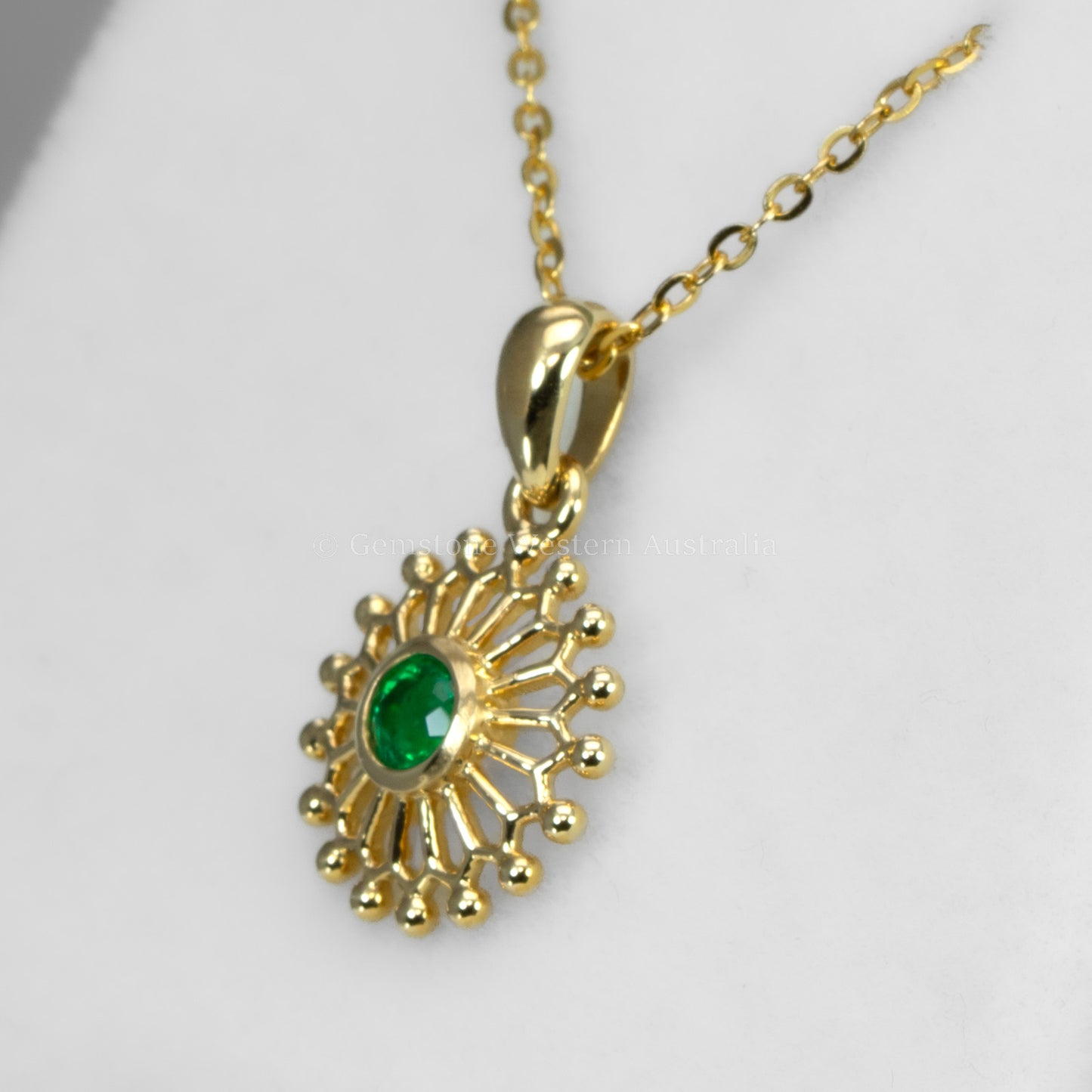Sunburst Pendant with Natural Round Colombian Emerald in 18K Yellow Gold