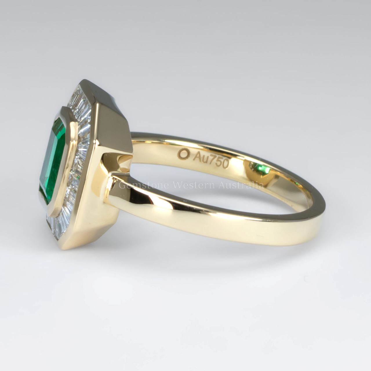 Emerald Cut Colombian Emerald Ring with Baguette Diamond Halo in 18K Yellow Gold