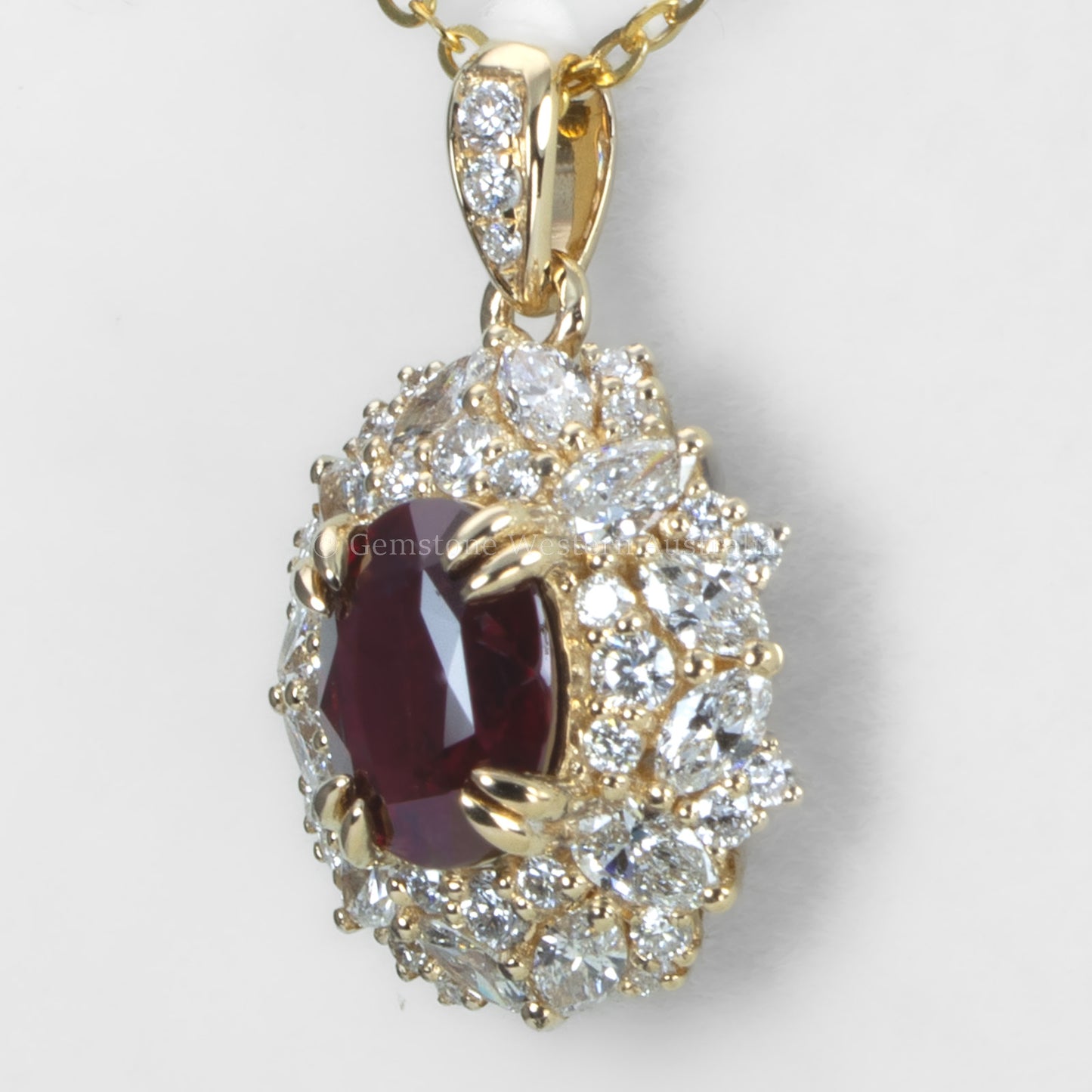 Natural Unheated Ruby and Diamond Cluster Pendant in 18K Yellow Gold
